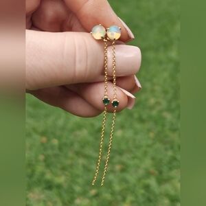 14K Genuine Opal and Emerald Chain Earrings NEW